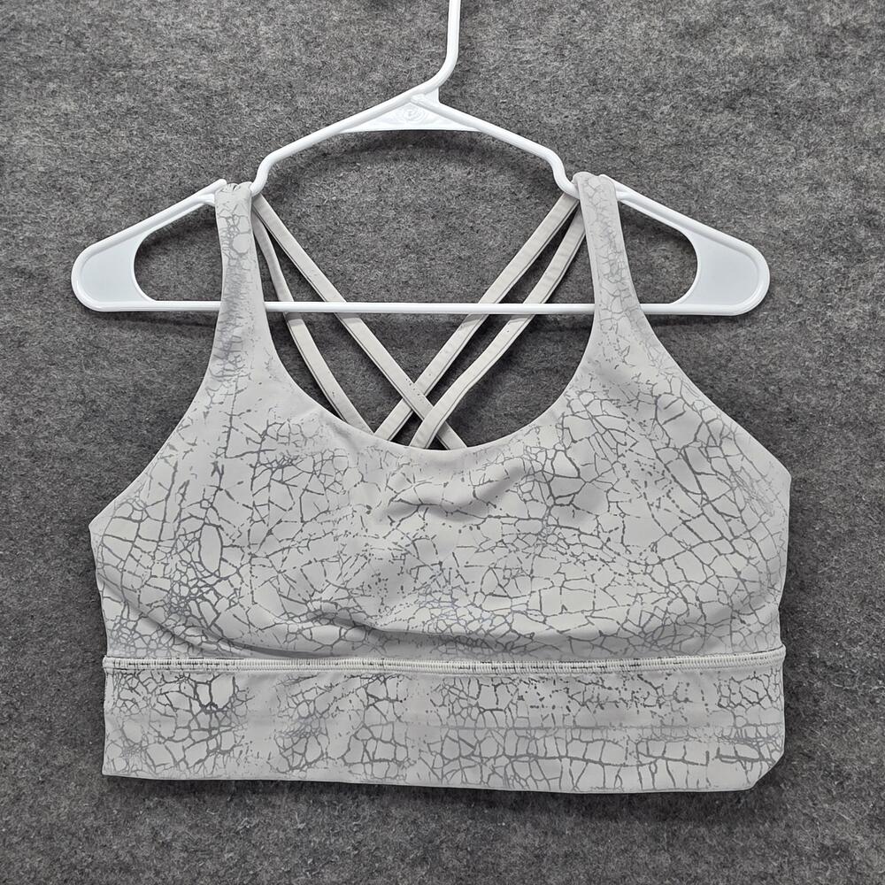Lululemon Sports Bra Womens Gray Crackle Print Strappy Back Longline Yoga